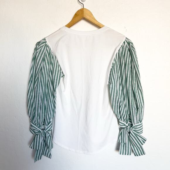 Cinq A Sept Shirt XS White Green Puff Sleeve Tie Stripe Charlie Crewneck Tee Top - Picture 5 of 8